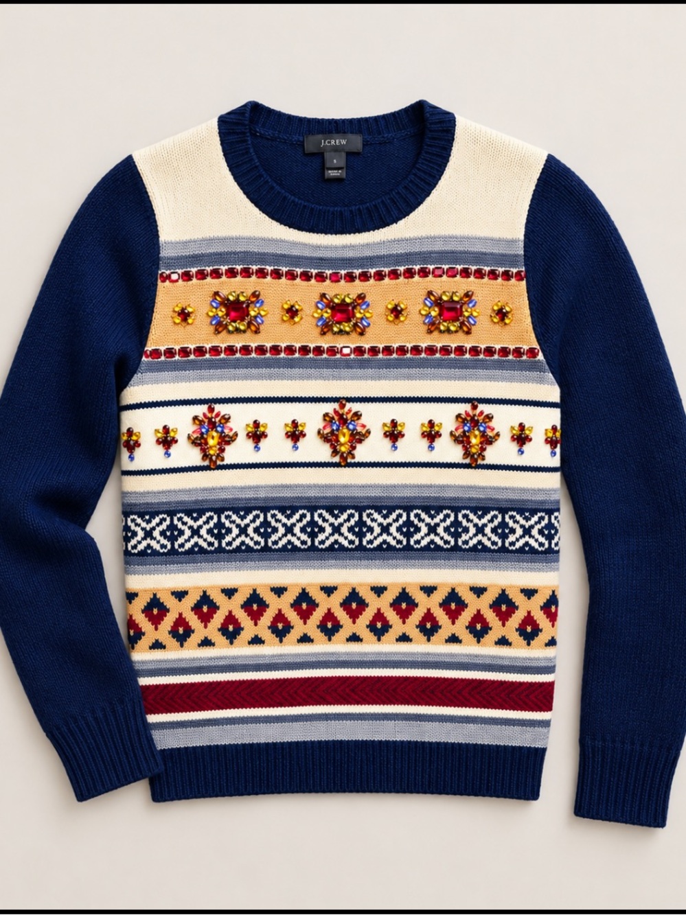 J. Crew Fair Isle Rhinestone Jeweled 100% Wool Sweater - Picture 2 of 8